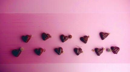 Canvas Print -   A cluster of heart-shaped chocolates rests on a pastel table beside a pink wall