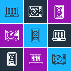 Poster - Set line Sound or audio recorder, CD disk award in frame and Vinyl player with vinyl icon. Vector