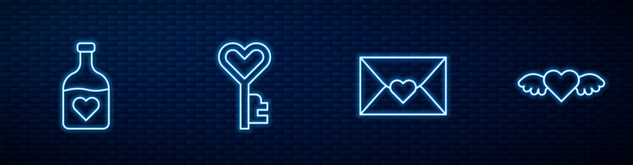 Poster - Set line Envelope with Valentine heart, Bottle love potion, Key shape and Heart wings. Glowing neon icon on brick wall. Vector