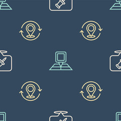 Poster - Set line Push pin, Map and Folded map with location marker on seamless pattern. Vector