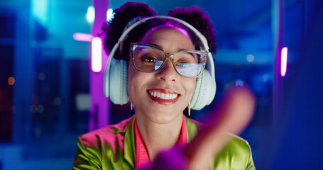 Fototapete - Business, neon and woman with computer, typing and night with internet and connection. Person, employee and entrepreneur with a project and planning with website information or modern office with app