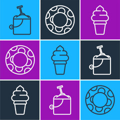 Wall Mural - Set line Sand in bucket with shovel, Ice cream in waffle cone and Rubber swimming ring icon. Vector