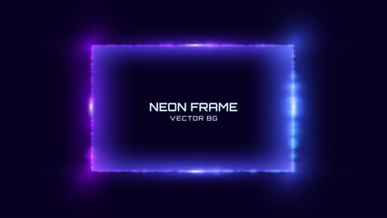 Poster - Neon Square Frame. Blue and Purple Neon Lights Rectangle Sign. Abstract Cyberpunk Background Tunnel Portal. Geometric Glow Outline Shape. Abstract Vector Background With Space For Your Text.