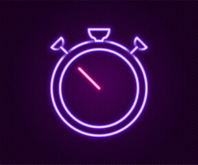 Poster - Glowing neon line Stopwatch icon isolated on black background. Time timer sign. Chronometer sign. Colorful outline concept. Vector