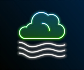 Poster - Glowing neon line Windy weather icon isolated on black background. Cloud and wind. Colorful outline concept. Vector