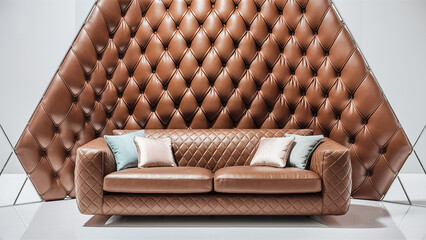 Wall Mural - A classic brown leather sofa showcasing a diamond pattern on the backrest, against a clean white background.
