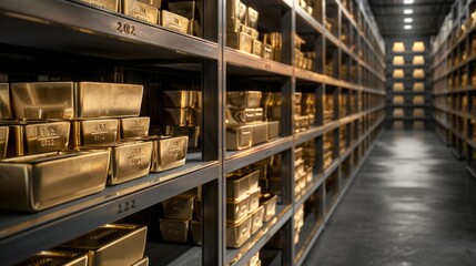 Shelves filled with neatly stacked gold bars line a dimly lit and highly secure vault, indicating wealth preservation.
