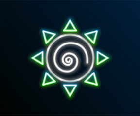 Poster - Glowing neon line Sun icon isolated on black background. Colorful outline concept. Vector