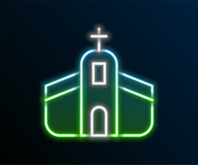 Wall Mural - Glowing neon line Church building icon isolated on black background. Christian Church. Religion of church. Colorful outline concept. Vector