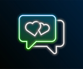 Poster - Glowing neon line Heart in speech bubble icon isolated on black background. Happy Valentines day. Colorful outline concept. Vector