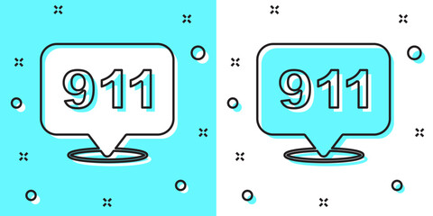Poster - Black line Telephone with emergency call 911 icon isolated on green and white background. Police, ambulance, fire department, call, phone. Random dynamic shapes. Vector