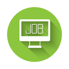 Poster - White Search job icon isolated with long shadow background. Recruitment or selection concept. Human resource and recruitment for business. Green circle button. Vector