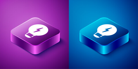 Canvas Print - Isometric Creative lamp light idea icon isolated on blue and purple background. Concept ideas inspiration, invention, effective thinking, knowledge and education. Square button. Vector