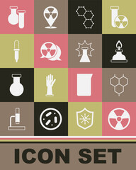 Poster - Set Radioactive, Chemical formula, Alcohol spirit burner, Pipette, Test tube and flask and explosion icon. Vector