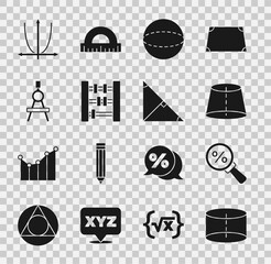 Poster - Set Geometric figure Cylinder, Magnifying glass with percent, Sphere, Abacus, Drawing compass, Graph, schedule, chart, diagram and Angle bisector of triangle icon. Vector