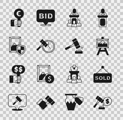 Sticker - Set Auction hammer price, sold, painting, auctioneer sells, Hand holding paddle and icon. Vector