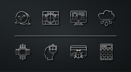 Poster - Set line Check mark in speech bubble, Internet of things, System bug credit card, Head shield, Shield brick wall, Password protection and Create account screen icon. Vector