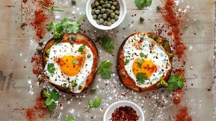   A table featuring two open-faced sandwiches and bowls of olives, including a bowl of green olives