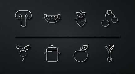 Sticker - Set line Mushroom, Radish, Cherry, Apple, Cooking pot, Watermelon, Onion and Turnip icon. Vector