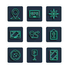 Poster - Set line Compass, Parking, Gps device with map, Wind rose, Route location, Location and Folded marker icon. Vector