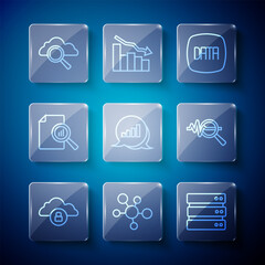 Poster - Set line Cloud computing lock, Mind map infographic, Server, Data analysis, Pie chart, Document with, Search cloud and data icon. Vector