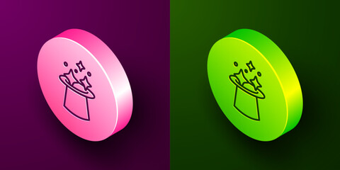 Isometric line Magic hat icon isolated on purple and green background. Magic trick. Mystery entertainment concept. Circle button. Vector