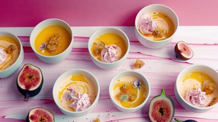 Wall Mural -   A table topped with white bowls filled with different types of food next to a cut-in-half figurine