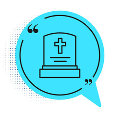 Sticker - Black line Grave with tombstone icon isolated on white background. Blue speech bubble symbol. Vector