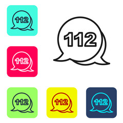 Poster - Black line Telephone with emergency call 911 icon isolated on white background. Police, ambulance, fire department, call, phone. Set icons in color square buttons. Vector