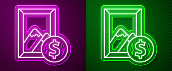 Sticker - Glowing neon line Auction painting icon isolated on purple and green background. Auction bidding. Sale and buyers. Vector