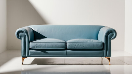 Wall Mural - A contemporary sky blue leather couch with stylish rolled arms and elegant gold feet, placed on a white surface.
