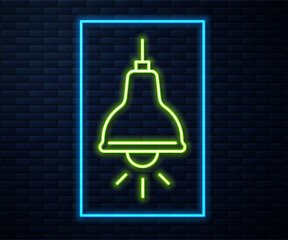 Wall Mural - Glowing neon line Lamp hanging icon isolated on brick wall background. Ceiling lamp light bulb. Vector