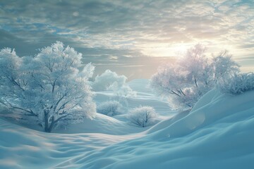 Poster - Captivating and serene enchanted winter wonderland scene with snowy landscape, frostcovered trees, and dreamy icy sky, creating a magical and tranquil forest panorama