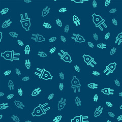 Poster - Green line Electric plug icon isolated seamless pattern on blue background. Concept of connection and disconnection of the electricity. Vector