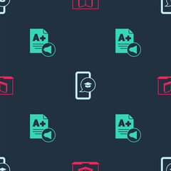 Poster - Set Online class, Graduation cap on mobile and Exam sheet with A plus grade on seamless pattern. Vector