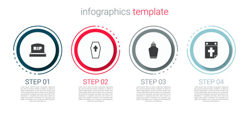 Wall Mural - Set Tombstone with RIP written, Coffin cross, Funeral urn and Calendar death. Business infographic template. Vector