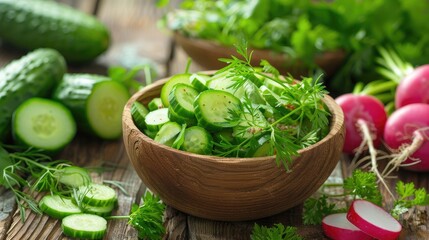 Wall Mural - Detoxifying Wild Herb Vitamin Salad with Cucumber Radish and Green Onions in a Wooden Bowl on a Wooden Background