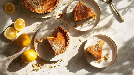 Poster -  A slice of pie on top of a table next to a bowl of lemons and a plate of lemon wedges