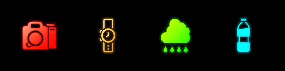 Sticker - Set Photo camera, Wrist watch, Cloud with rain and Bottle of water icon. Vector