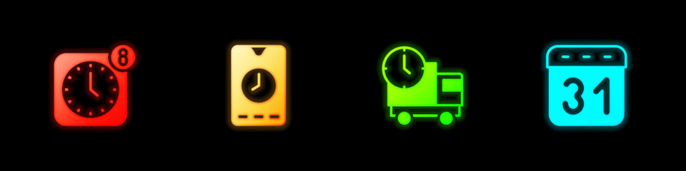 Poster - Set Alarm clock app mobile, Delivery truck and time and Calendar icon. Vector