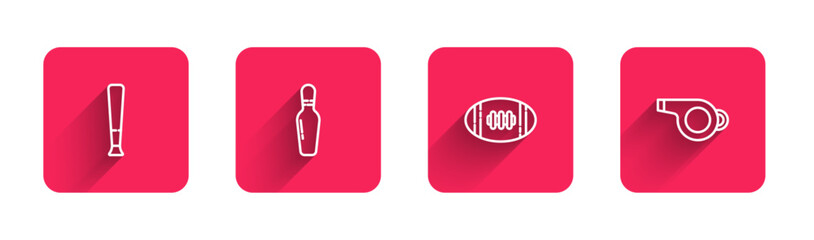 Sticker - Set line Baseball bat, Bowling pin, American Football and Whistle with long shadow. Red square button. Vector