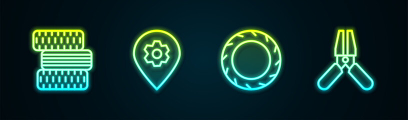 Poster - Set line Car tire wheel, Location with car service, and battery jumper power cable. Glowing neon icon. Vector