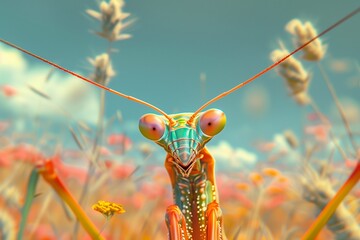 Wall Mural - an adult praying mantisde in the grass, with a bright blue sky behind