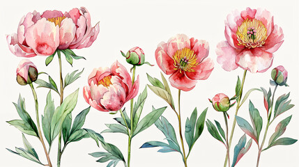 Wall Mural - Beautiful watercolor drawings of garden-inspired peony flowers and botanical decorations, isolated on white background