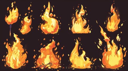 Wall Mural - Burning fire collection, yellow and orange flame isolated on black background. Modern cartoon set of blaze from candle, torch or bonfire.