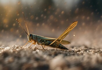 Poster - the grasshopper is standing in a puddle of rain on a ground