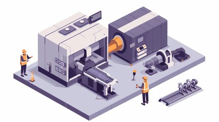 Poster - Industrial employee working in factory fixing grey machine on white background illustration isometric isolated modern illustration