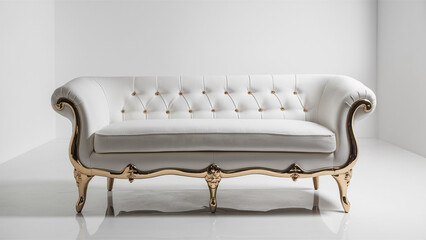 A classy white sofa complemented by shiny gold legs and stylish button tufting on the seating area, against a plain white backdrop.
