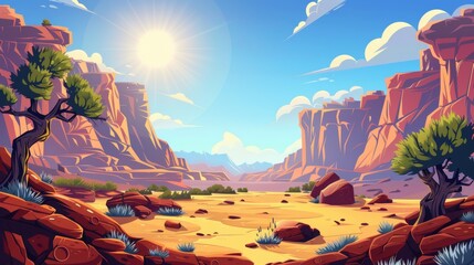 Wall Mural - Desert cartoon modern landscape background. Canyon boulder formation panoramic game illustration. American wilderness scene with sun rays.