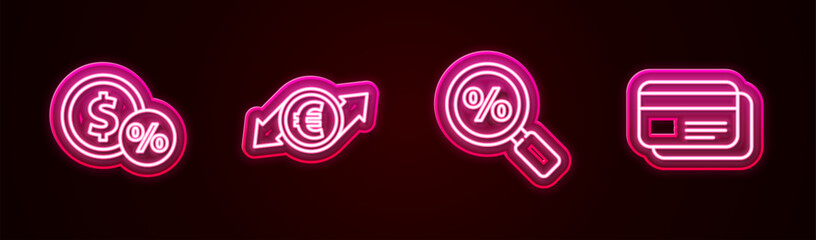 Poster - Set line Money coin with percent, Financial growth and euro, Magnifying glass and Credit card. Glowing neon icon. Vector